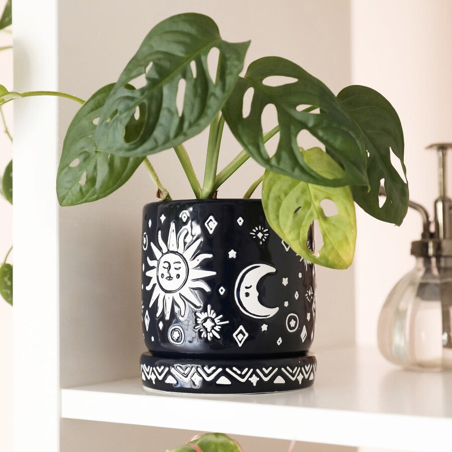 Midnight Sun & Moon Phases Ceramic Planter with Tray