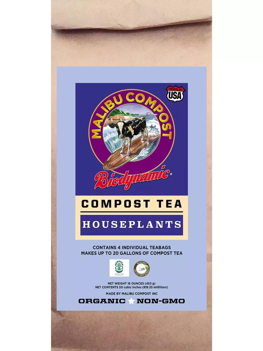 Malibu Compost Biodynamic compost tea package for houseplants on a white background