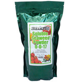 A dark green stand-up pouch of Maxicrop Soluble Seaweed Powder 0-0-17, featuring a white label with colorful illustrations of plants and fruits.