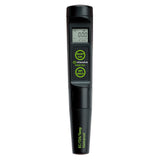 Digital moisture meter with green text on a white background