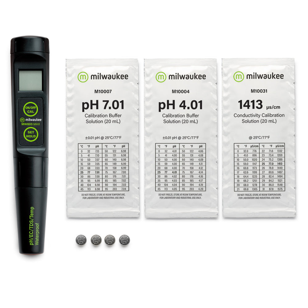 Milwaukee pH meter and calibration solutions on a white background