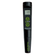 Black digital device with green text on a white background