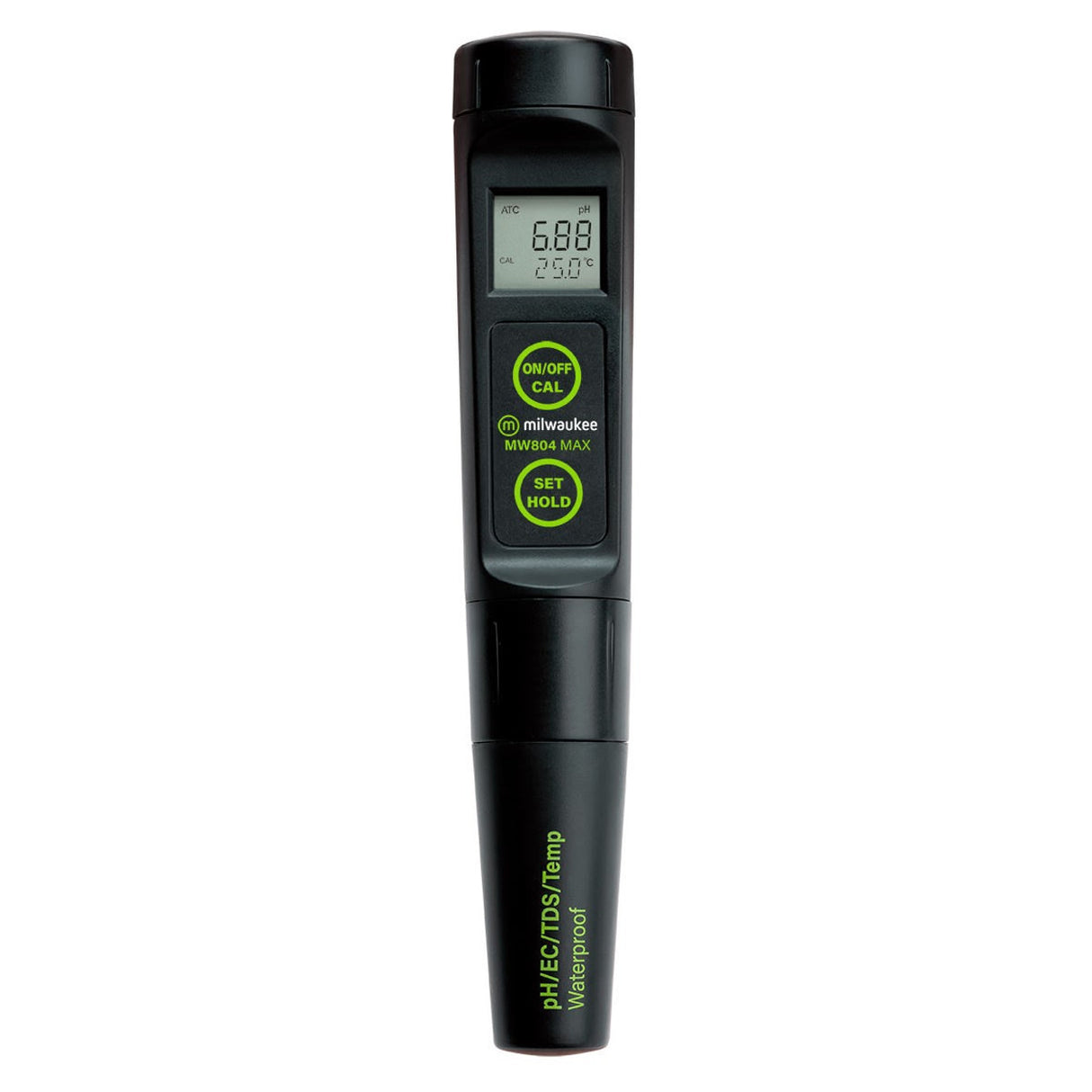 Black digital device with green text on a white background