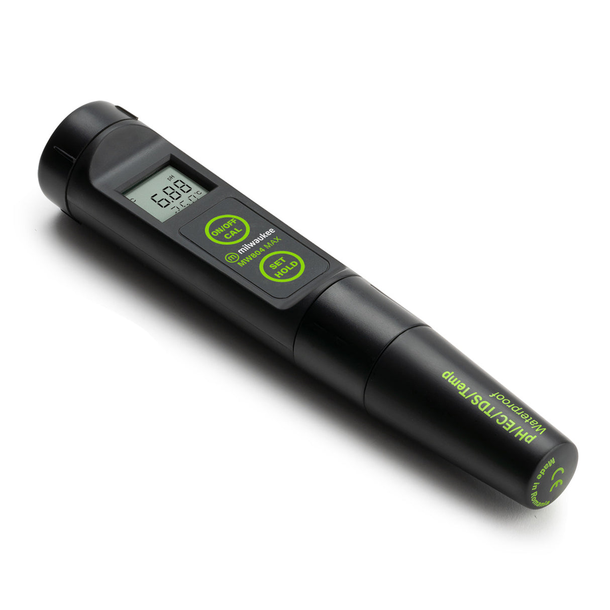 Black digital device with green text on a white background