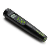 Black digital device with green text on a white background
