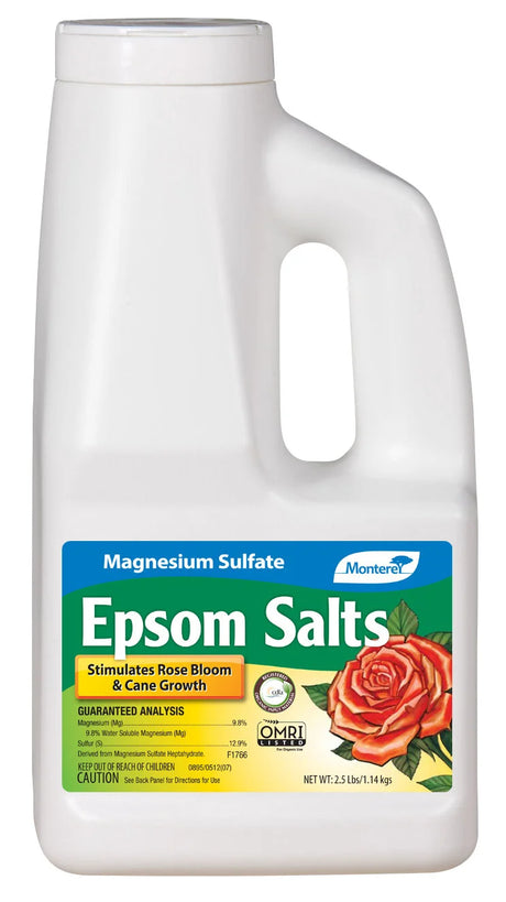 Container of Epsom salts with a label on a white background