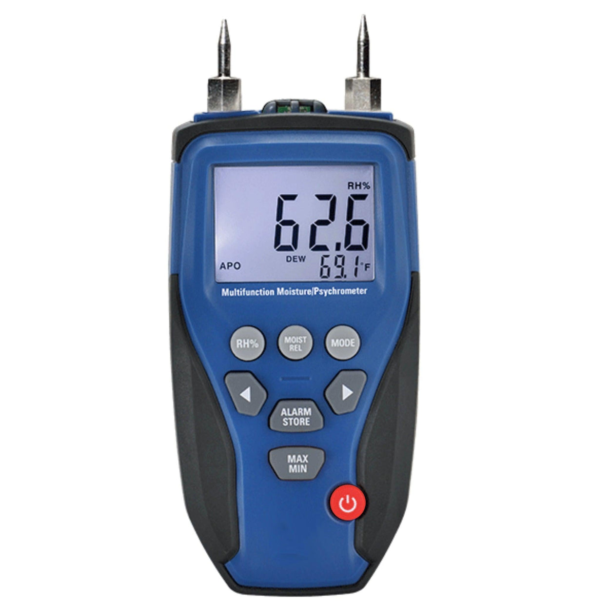 Blue and black moisture meter with digital display on a white background