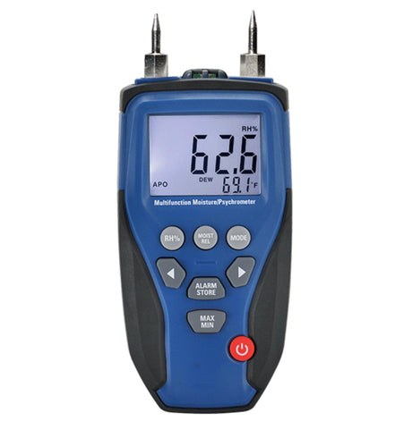 Blue and black moisture meter with digital display on a white background