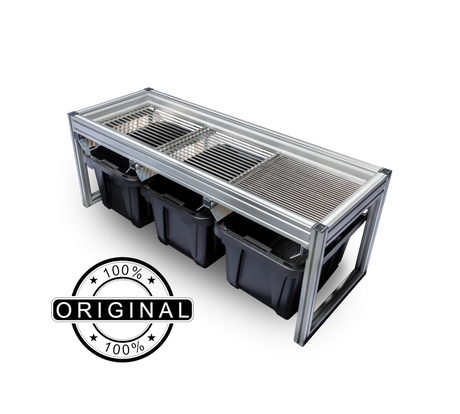 Metal grill with black storage bins on a white background, featuring an 'Original' stamp.
