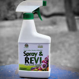 Spray & REV! plant growth stimulant bottle on a blurred background