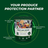 GreenGro Organic Fruit and Veggie Wash Pods package centered on a dark green promotional background with white text reading 'YOUR PRODUCE PROTECTION PARTNER' and callout labels around the product.