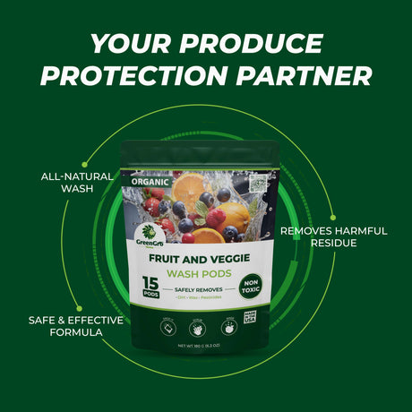 GreenGro Organic Fruit and Veggie Wash Pods package centered on a dark green promotional background with white text reading 'YOUR PRODUCE PROTECTION PARTNER' and callout labels around the product.