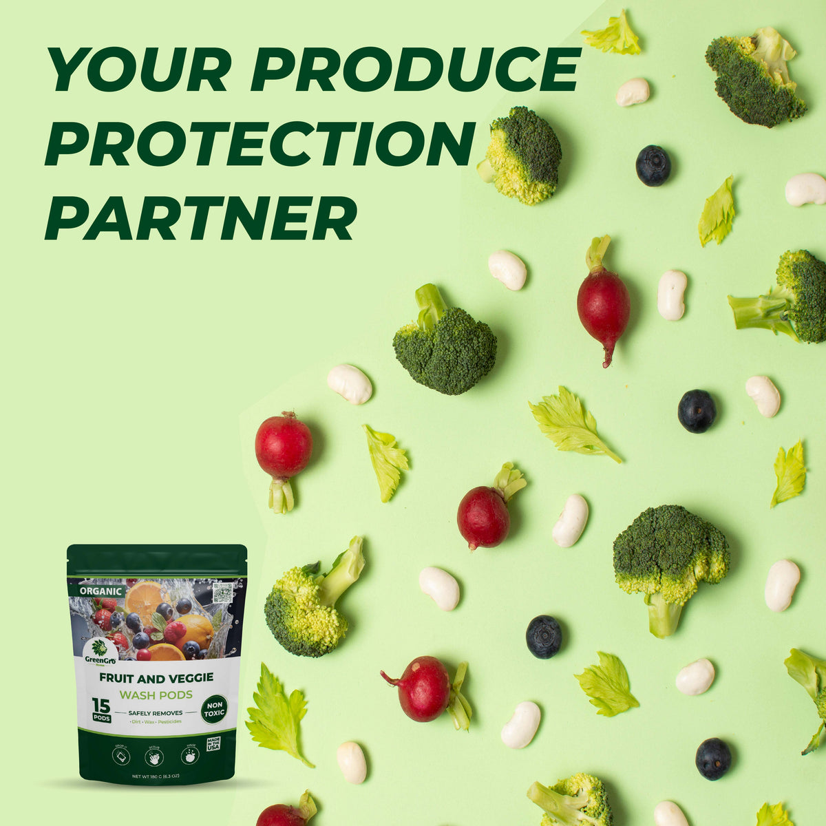 Packaging of Fruit and Veggie Wash Pods with vegetables on a green background