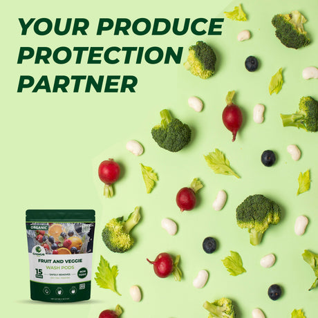 Packaging of Fruit and Veggie Wash Pods with vegetables on a green background
