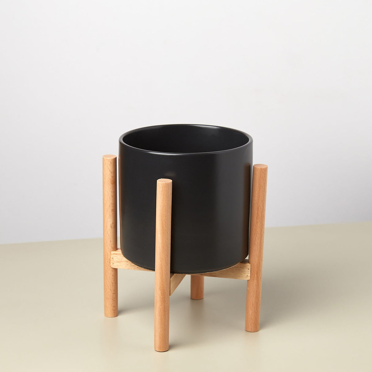 Ceramic Cylinder Planter with Wood Stand – 5 Inch