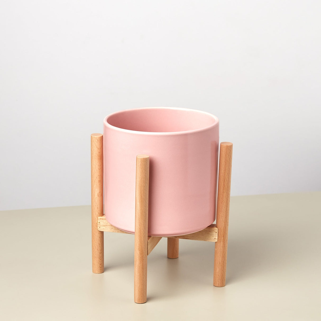 Ceramic Cylinder Planter with Wood Stand – 5 Inch