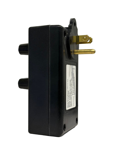 Black electrical plug with gold contacts on a light gray background