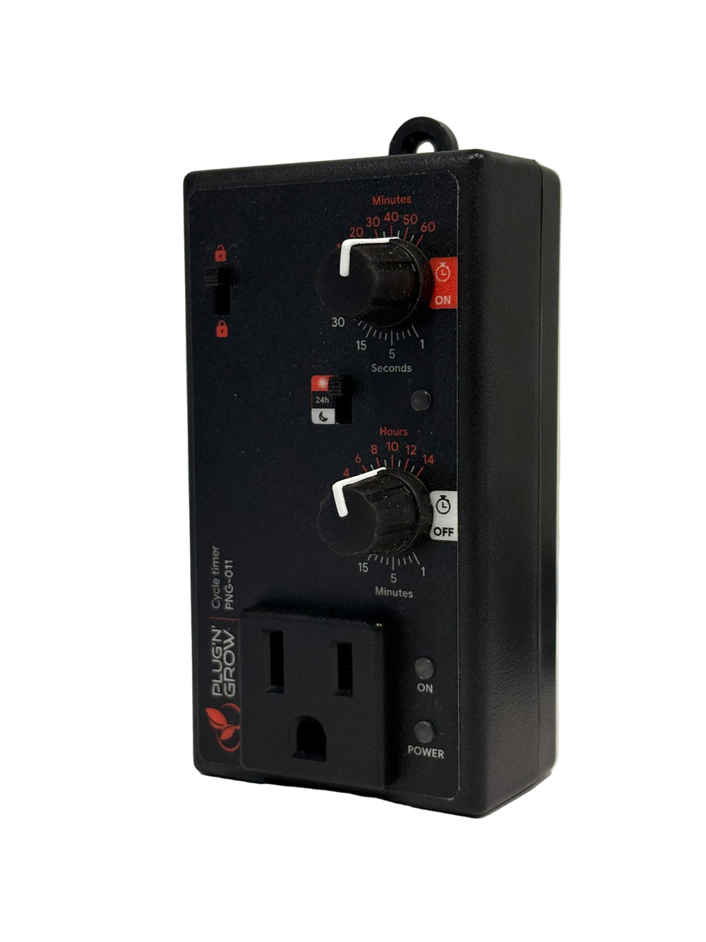 Black electronic timer with multiple controls on a white surface
