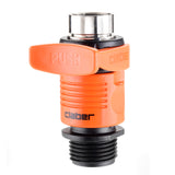 Orange garden hose fitting with 'Claber' branding on a white background