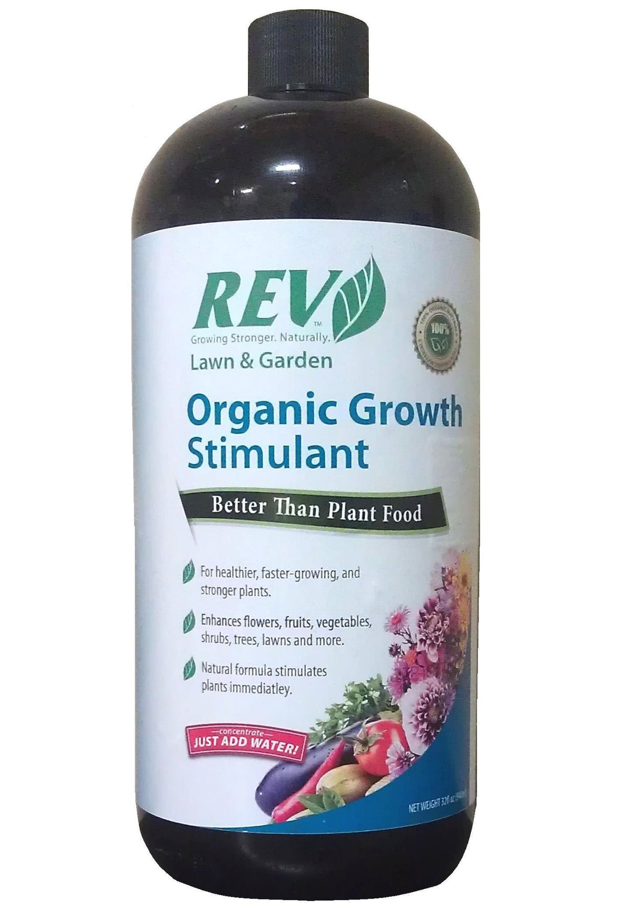 Bottle of REV Organic Growth Stimulant for lawn and garden on a white background