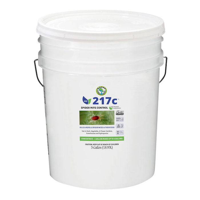 White bucket labeled '217c Spider Mite Control 5 gallon' on a white background