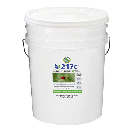 White bucket labeled '217c Spider Mite Control 5 gallon' on a white background