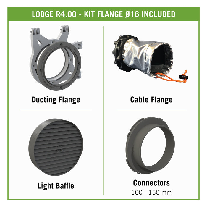 Set of HVAC components including a ducting flange, cable flange, light baffle, and connectors on a white background.