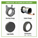 Set of HVAC components including a ducting flange, cable flange, light baffle, and connectors on a white background.