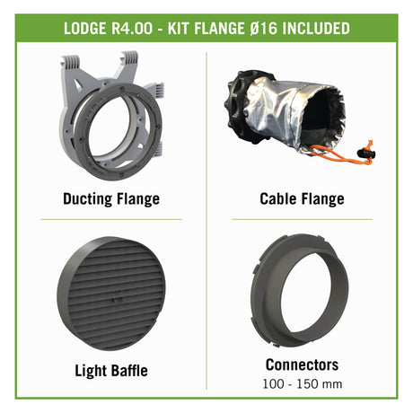 Set of HVAC components including a ducting flange, cable flange, light baffle, and connectors on a white background.