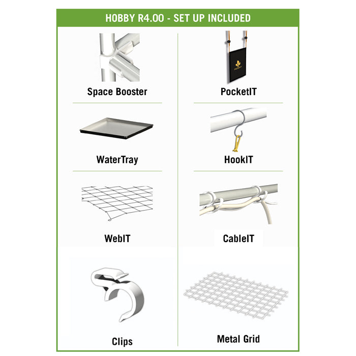 List of items included in the Hobby R4.00 set-up, including Space Booster, PocketIT, WaterTray, HookIT, WebIT, CableIT, Clips, and Metal Grid.