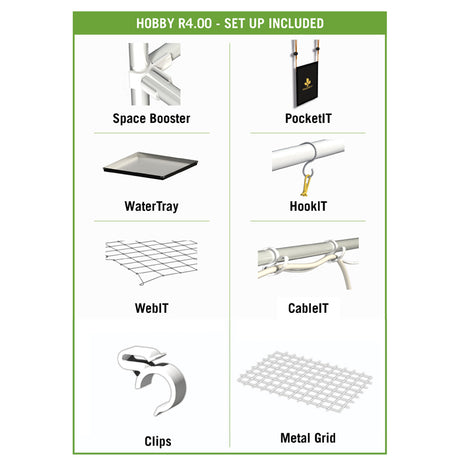 List of items included in the Hobby R4.00 set-up, including Space Booster, PocketIT, WaterTray, HookIT, WebIT, CableIT, Clips, and Metal Grid.