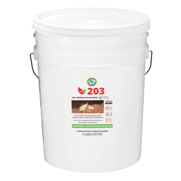 White 5 gallon bucket labeled 'sns 203' with a label on a white background