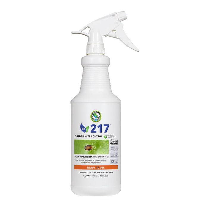 A white spray bottle labeled '217 Spider Mite Control' with a green and orange design, and a white spray nozzle.