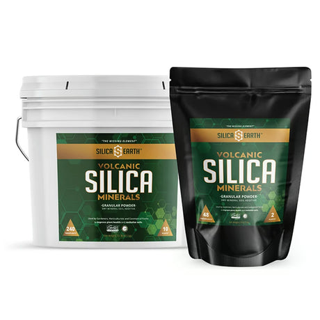 White bucket and black bag of Silica Earth Volcanic Silica Minerals on a white background