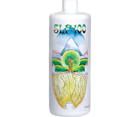 White bottle labeled 'SLF-100' with a colorful tree and mountain design on a white background