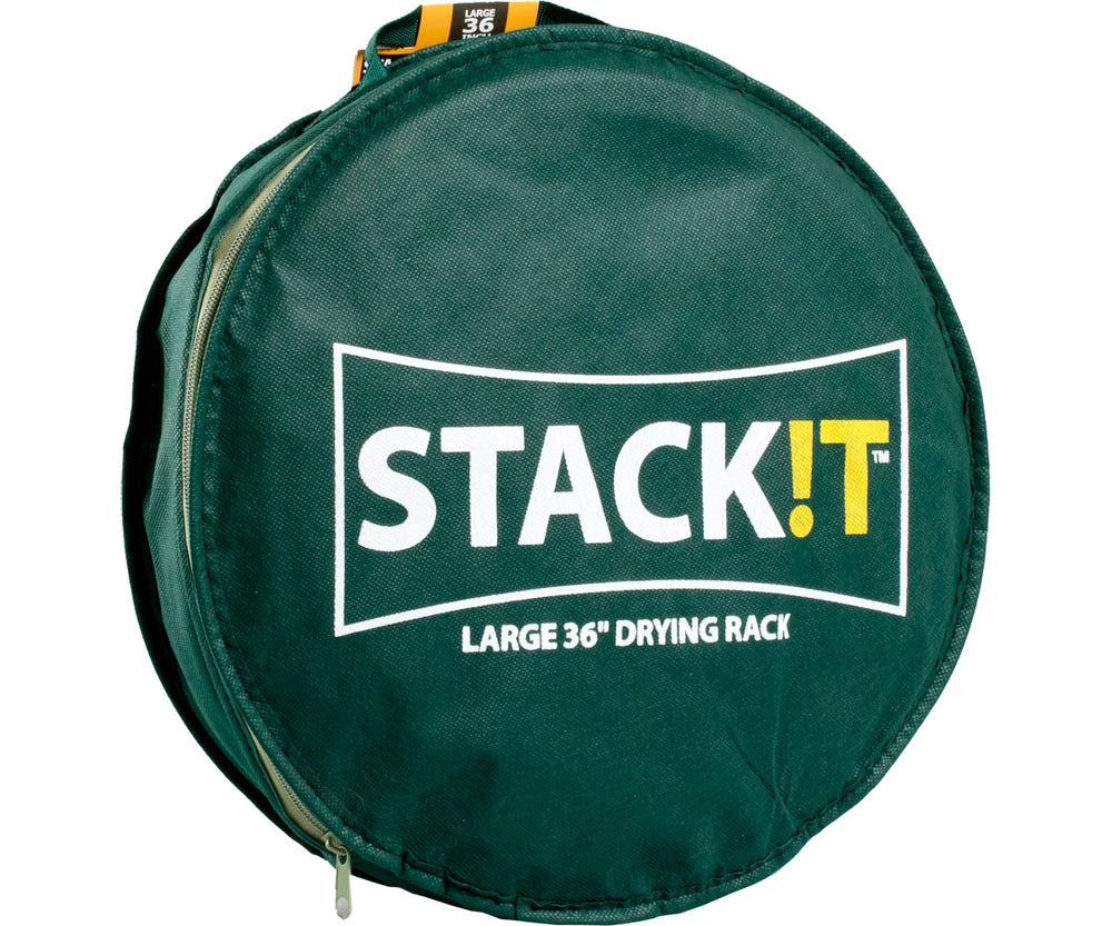 Green round drying rack with 'STACK!T' branding on a white background