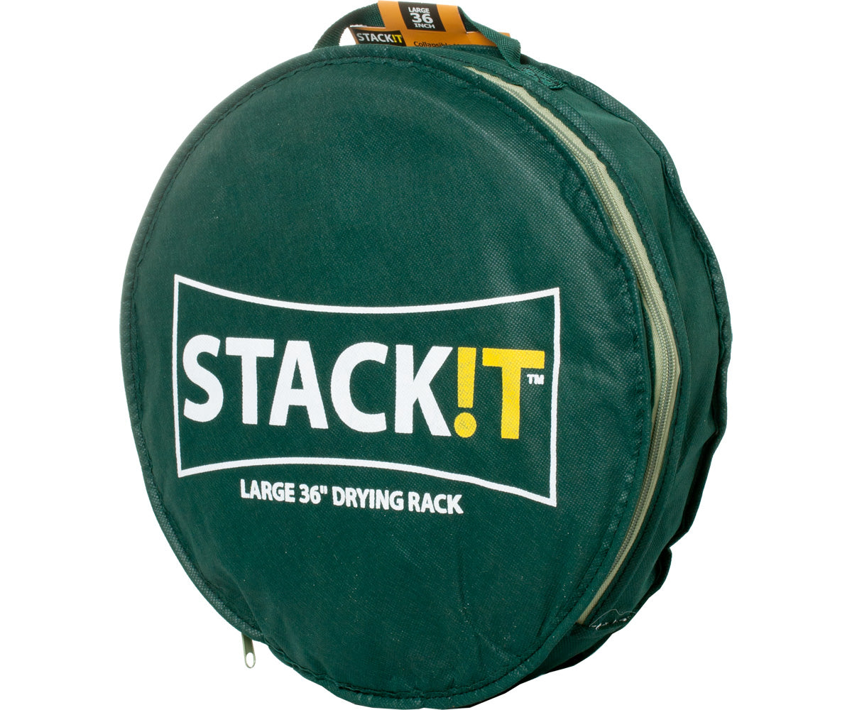 Green drying rack with 'STACK!T' branding on a white background