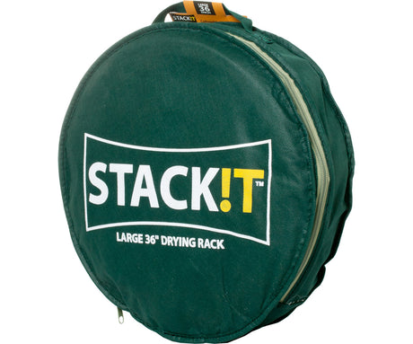 Green drying rack with 'STACK!T' branding on a white background