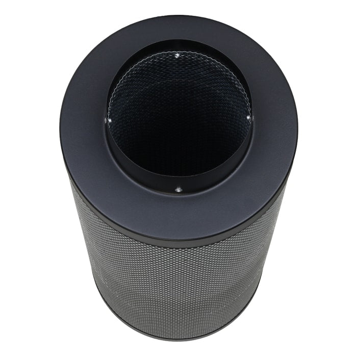 Black cylindrical air filter with mesh design on a white background