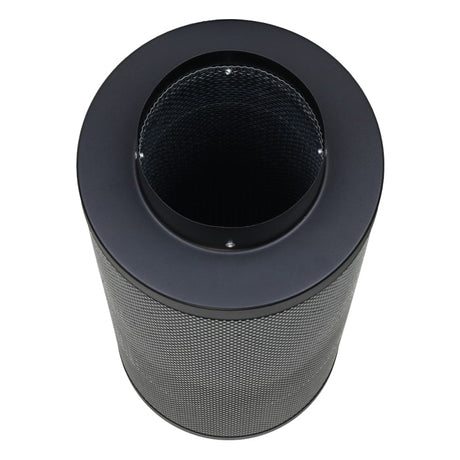 Black cylindrical air filter with mesh design on a white background