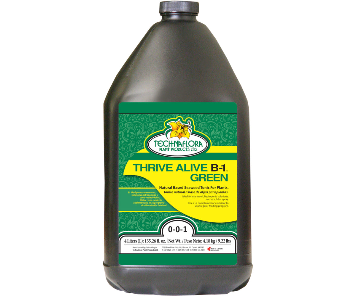 Bottle of TechniFlora Thrive Alive B-1 Green plant nutrient on a white background