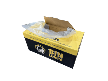 Box of bin liners with a yellow and black design on a white background