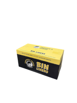 Box of 'Bin Liners' with a yellow and black design on a white background