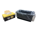 Box of bin liners with a single liner on a white background