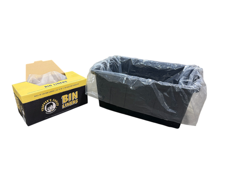 Box of bin liners with a single liner on a white background