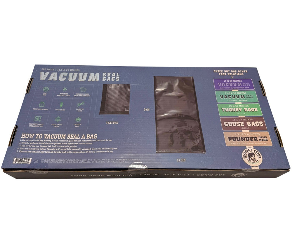 Trapper’s Choice 11.5" x 24" Black/Clear Vacuum Seal Bags – 5 Mil – Pack of 100