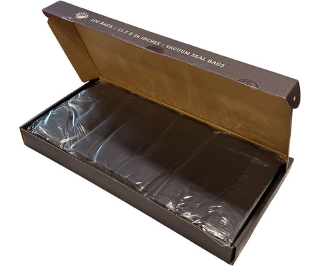 Box of vacuum seal bags with clear bags inside on a white background