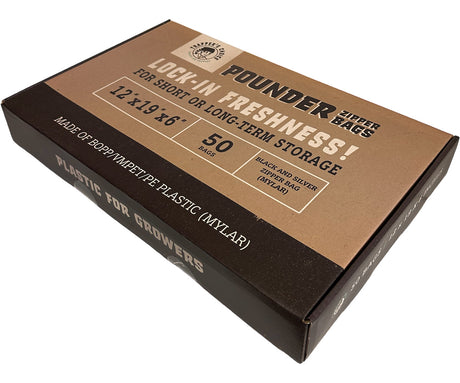 Box of Pounder zipper bags for storage on a white background