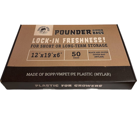 Box of Pounder Zipper Bags with product details on a white background