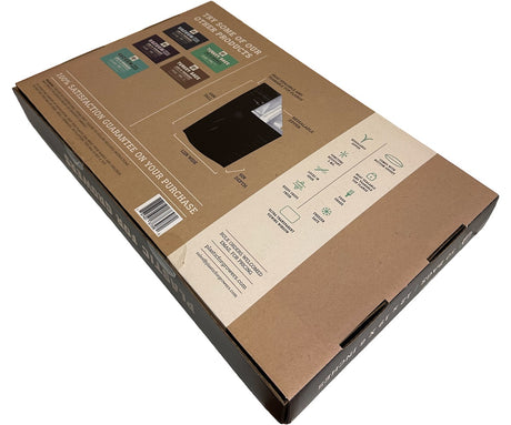 Cardboard box with product details on a white background